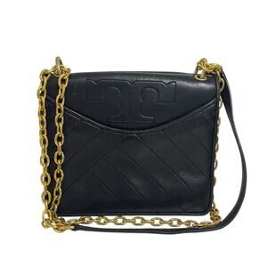 Tory Burch Alexa Convertible Shoulder Bag Black Soft Lambskin Leather Gold Chain